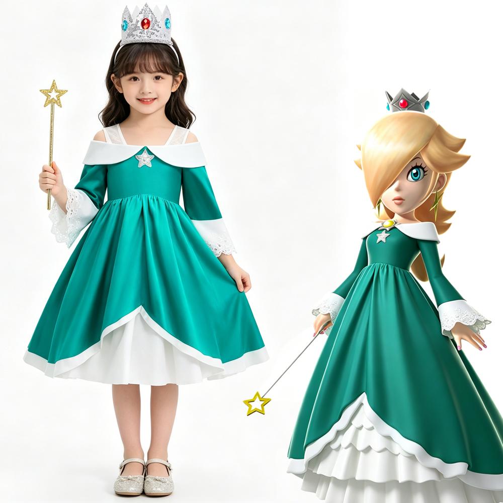 Super Movie Rosalina Cosplay Costume Girls Princess Ball Gown Dress Kids Crown Accessories Full Set Halloween Carnival Outfit