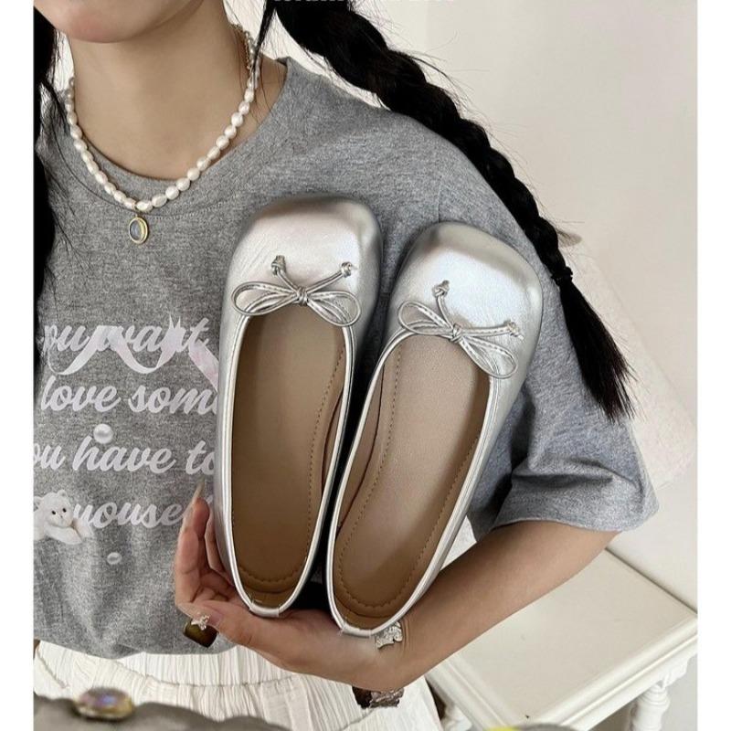 Fashion New Spring Summer Flat Ballet Shoes Women's Mary Jane Shoes Ballet Flats Women Bowknot Silver Flat Single Shoes Zapatos De Mujer