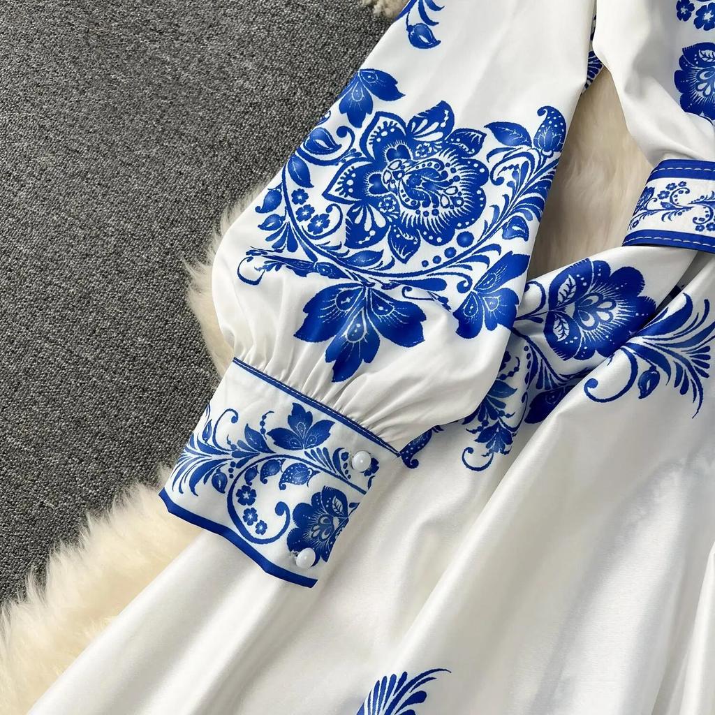 New Fashion Runway Red And White Porcelain Dress Women's Stand Long Lantern Sleeve Blue Floral Print Shirt Robe Dresses