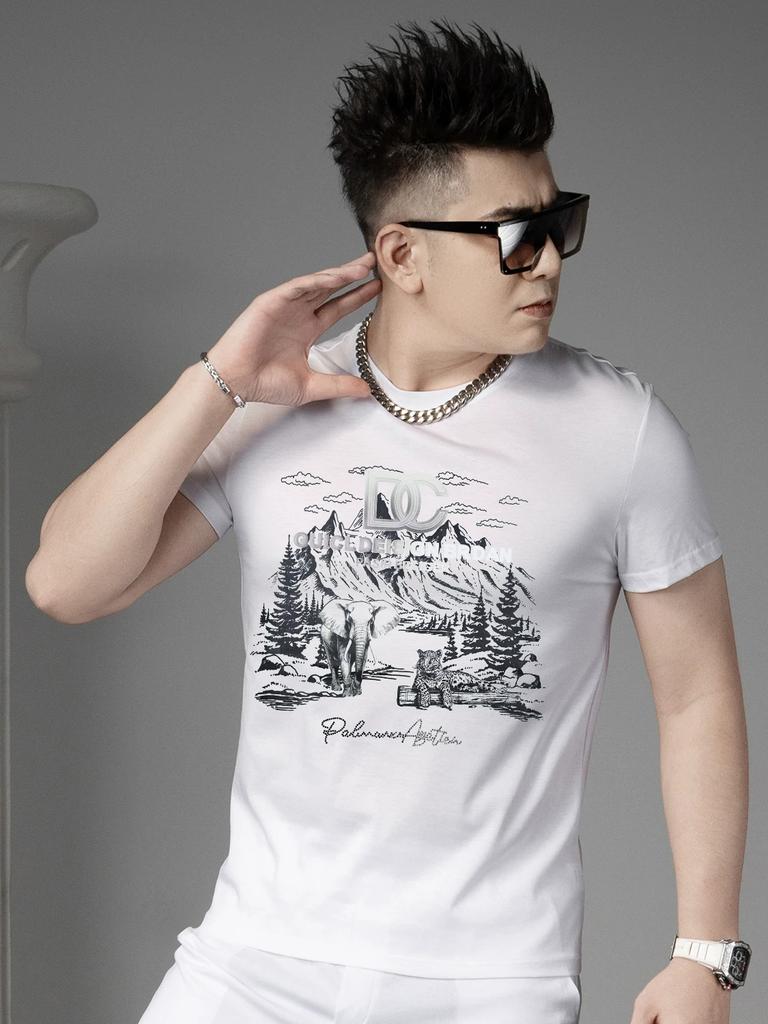 European Station 2025 Summer New High-End Printed Round-Neck T-Shirt Trendy Short-Sleeve Top Men's Short-Sleeve T-Shirt