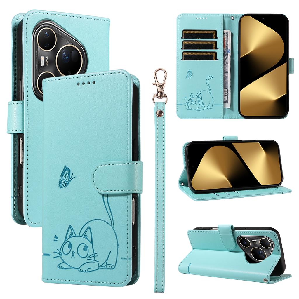 Чехол для Huawei Pura 80 Ultra с тиснением в виде кошки, кожаный чехол для телефона с ремешком на запястье