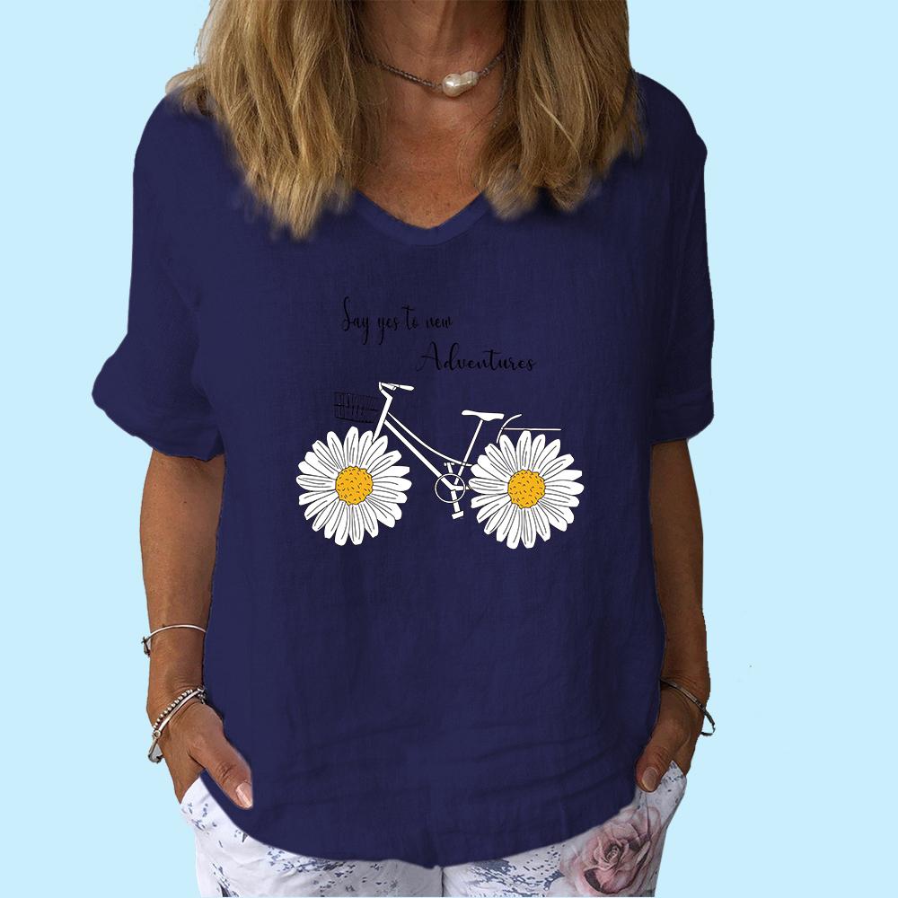 Женская модная хлопковая льняная футболка, повседневная футболка с V-образным вырезом и коротким рукавом, женская футболка с цветочным принтом