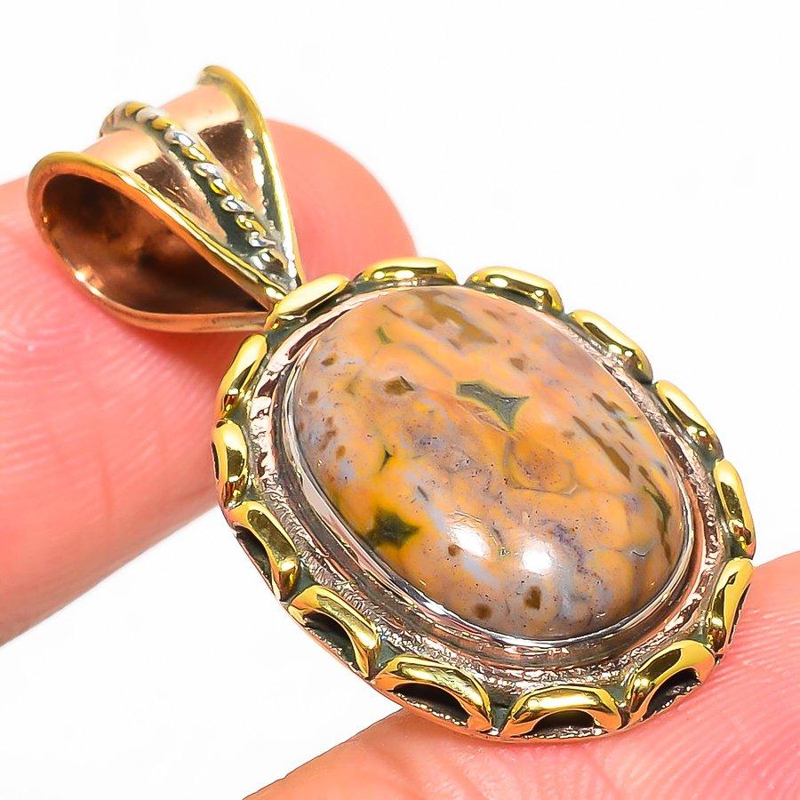 Подвеска из натурального океанического яшмы из двухцветного стерлингового серебра 925 пробы 1,50 дюйма C6A46