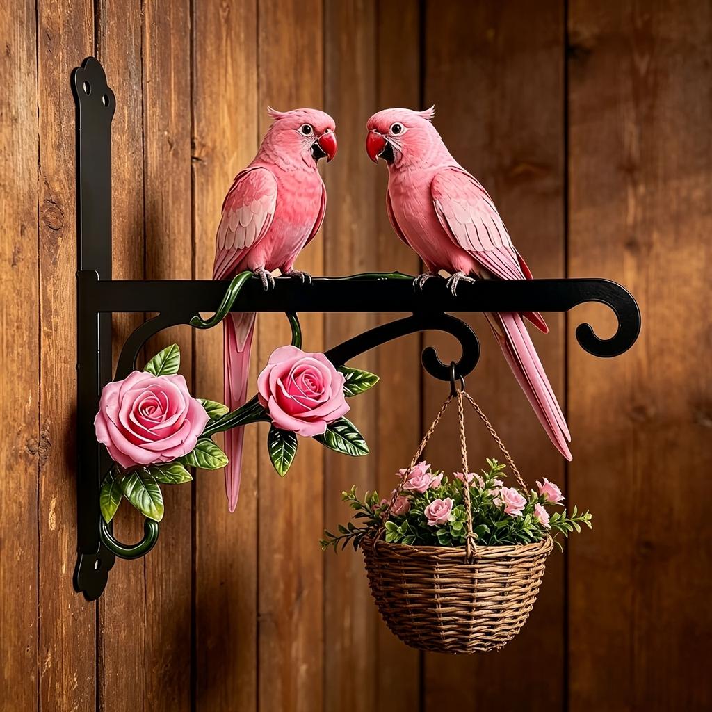 1Pc Metal Pink Wall Outdoor Hanger With Two Parrot Theme Design, Brightly Colored, Rust-Proof And Sun-Resistant, Comes With Mounting Screws, Very