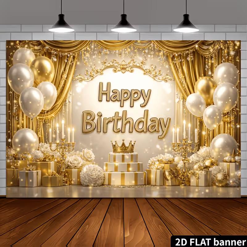 2D Royal Gold Happy Birthday Backdrop Banner Photography Background for Adult Party
