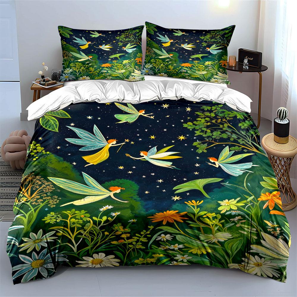 Fairies in the starry sky garden Print Bedding Set 1 Duvet Cover 2 Pillowcases for Adult and Children Luxury Gift Full Size