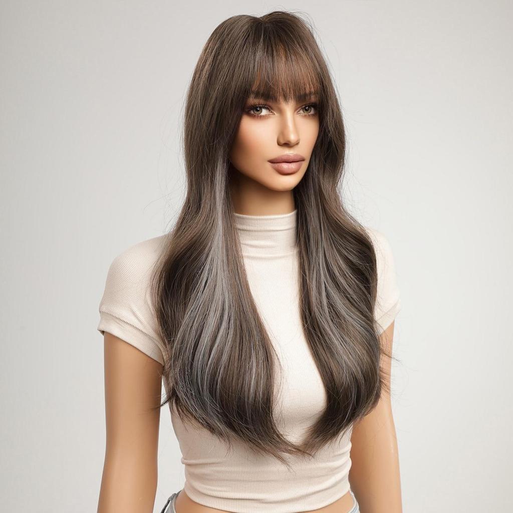 HAIRCUBE Длинный коричневый, синий, волнистый, волнистый, парик из натуральных волос для женщин, повседневные термостойкие искусственные волосы с челкой