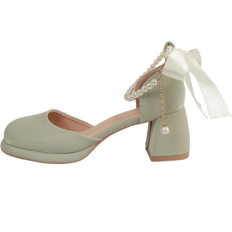 Gentle and Simple Bow Small Thick Heel High Heels Women's 2025 New Summer Pearl French Mary Jane Shoes