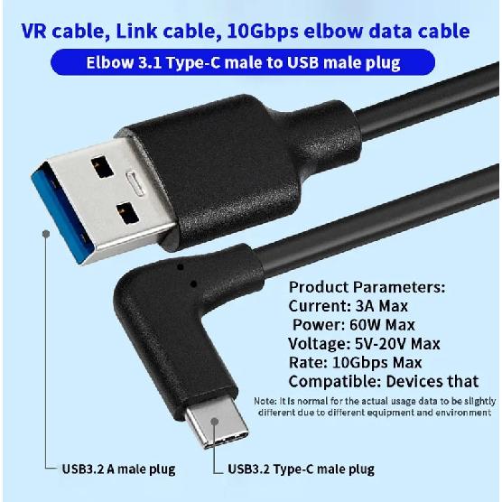 USB3.2 Gen 2 Cable 10Gbps USB A to USB C 3A Fast Charging Elbow 1m 2m 3m for Oculus Quest 1/2 VR Link Type C Cable Camera Line