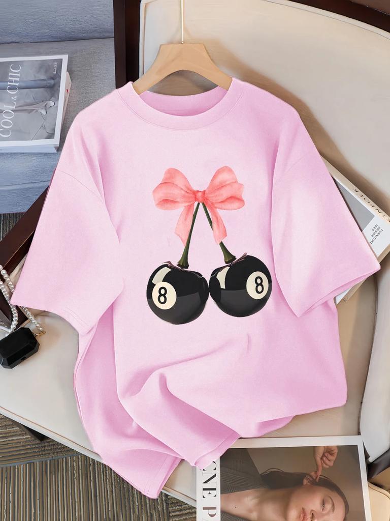 Pink Bow Black Billiards 8 Cherry Pattern Women's T-shirt Summer Fashion T-shirt Round Neck Top Soft Loose Short Sleeve