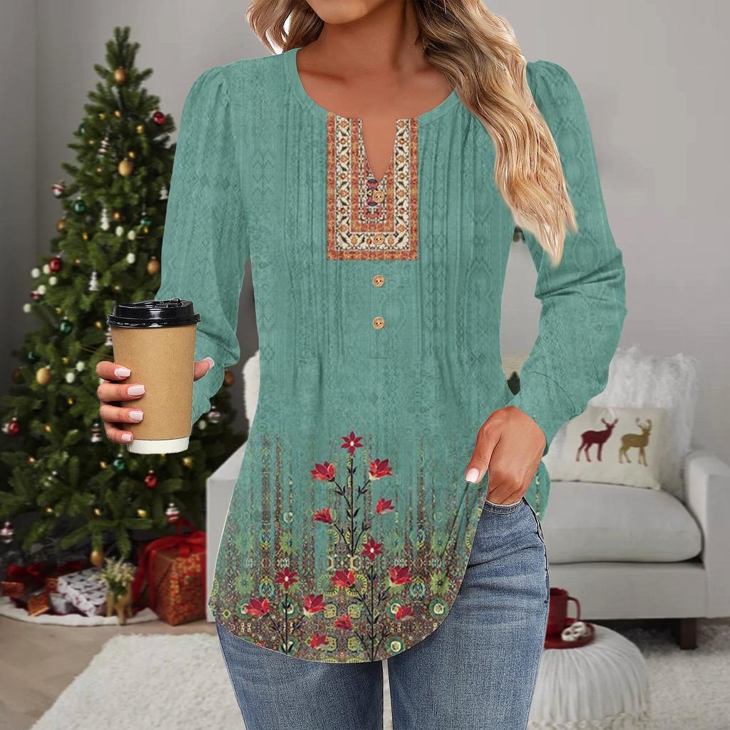 Женская мода повседневная плиссированная футболка с круглым вырезом и декоративными пуговицами и цветами с длинным рукавом