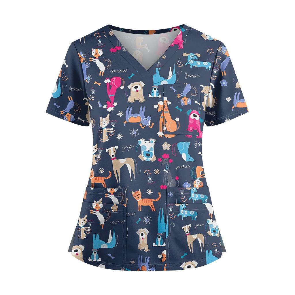 Плюс размерСкраб с принтом Рабочая форма Топы для женщин Крест V-образным вырезом Хэллоуин Принт с короткими рукавами Забавные футболки Спецодежда Футболка с карманами