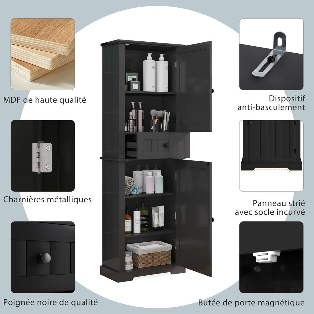 56 X 28 x 167.3cm bathroom cabinet, finished moisture-resistant lacquer, upper and lower cabinets + middle drawer, adjustable shelves, black handles.