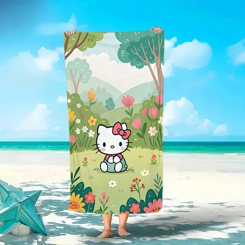 Hello Kitty Beach Towel Cartoon Flower Print Microfiber Quick Dry Bath Towel Oversized Absorbent Beach Blanket