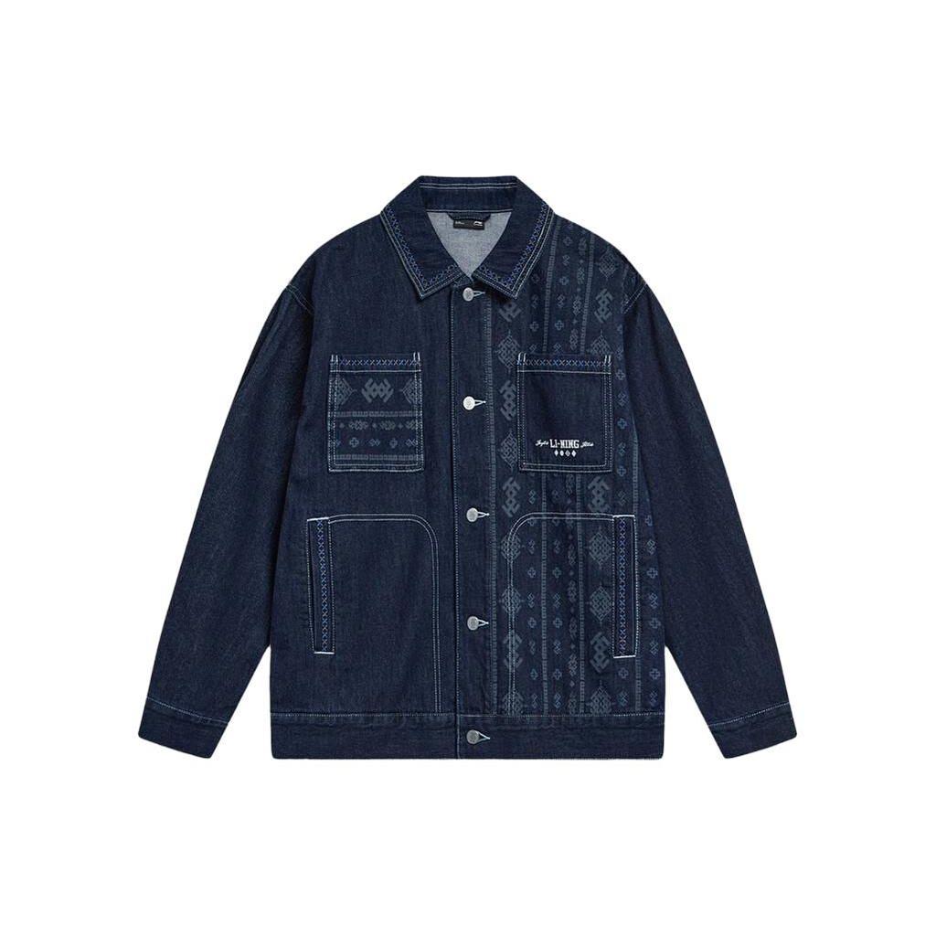 Мужская куртка из денима Li Ning Sports Lifestyle Series с принтом и свободным воротником, которую можно стирать, джинсовая куртка, синяя AJDT365-1