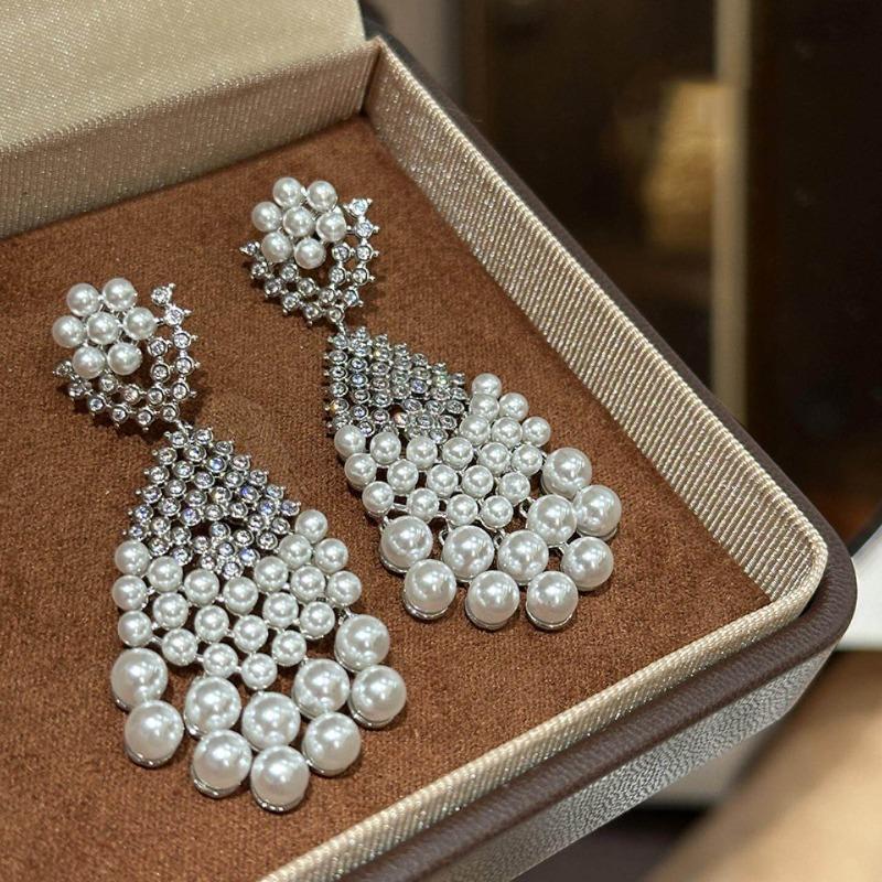 Серьги с серебряной иглой, бриллиантовыми подвесками-кисточками и жемчугом, легкая роскошь, премиум, универсальные, придворный стиль, ретро, нишевые серьги