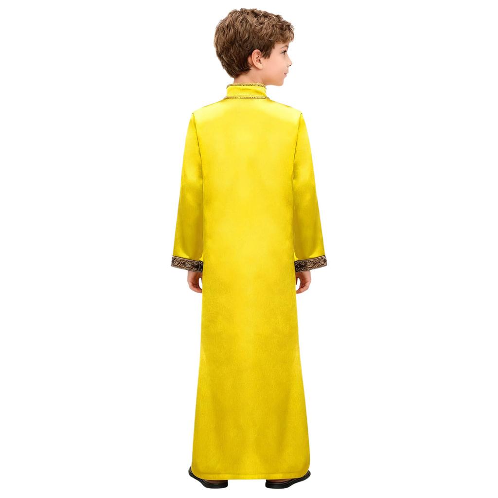 Boys Arab Gown Islamic Robe Long Sleeve Stand Collar Gold Embroidery Maxi Kaftan Festival Holiday Costume