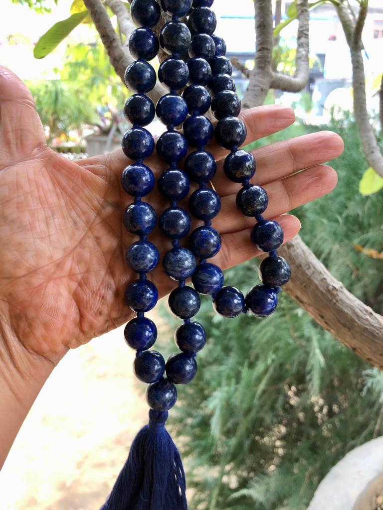 14 mm round 36"+ Indian Origin Lapis Lazuli 54+1 Guru Bead Japa Mala, Jaap Rosary, Yoga Prayer Healing Meditation September Birthstone