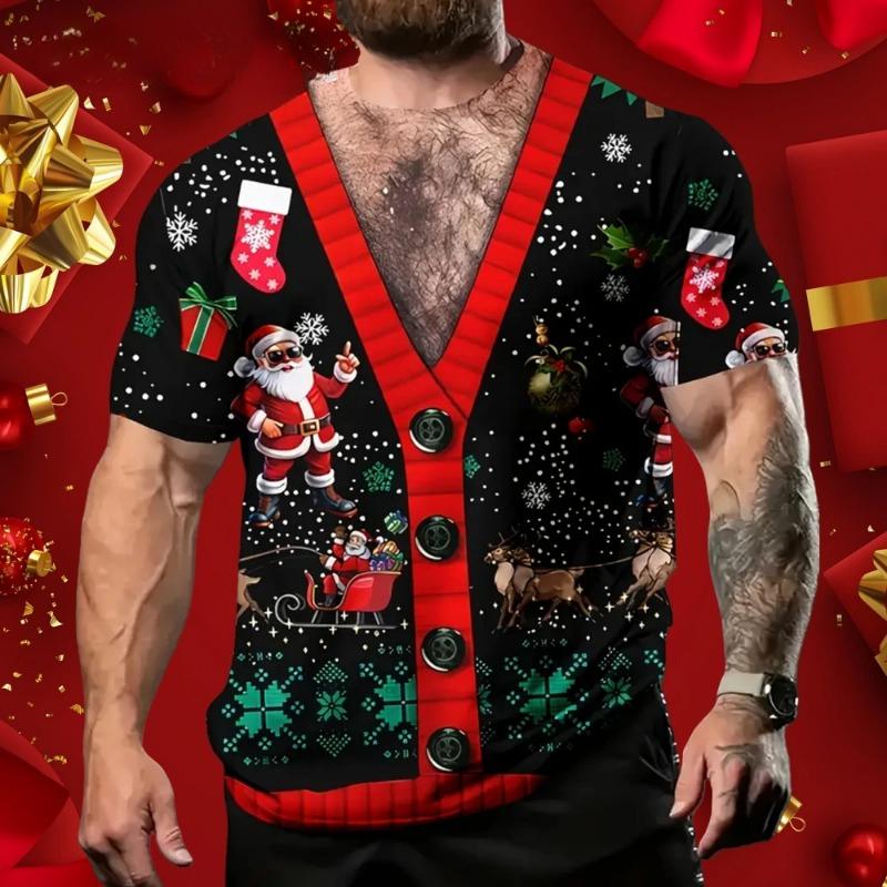 Рождественская мужская футболка с 3D-принтом, повседневные футболки с коротким рукавом, уличная мода, свитер с круглым вырезом, мужская свободная футболка