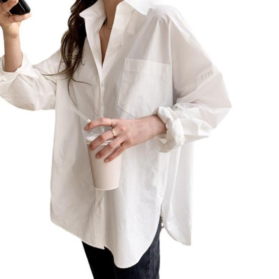 Женская рубашка с лацканами и длинными рукавами, рубашка на пуговицах с накладными карманами, свободная посадка, однотонная повседневная рубашка, рабочая одежда