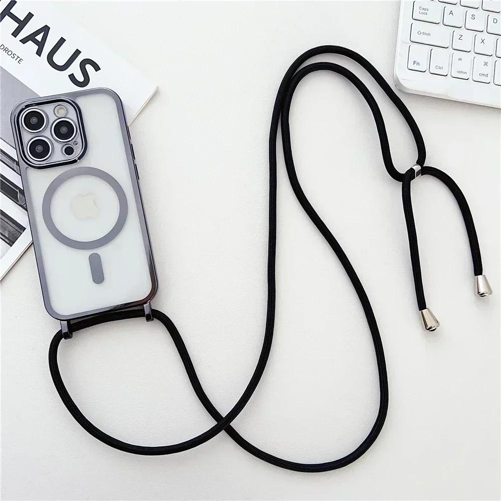 Чехол для телефона Crossboby Lanyard Plating Clear для iPhone 16E 16 15 14 13 12 Pro Max для Magsafe Magnetic Shell Cable