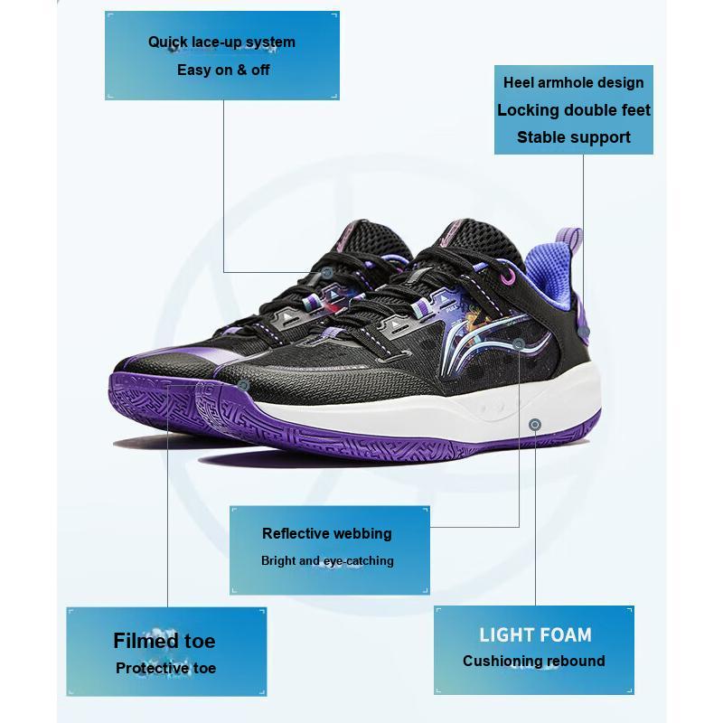 Li Ning Primary 3 V3 Удобные Универсальные Низкие Детские Баскетбольные Кроссовки Детские Баскетбольные Кроссовки Черно-Фиолетовые YKBU040-7