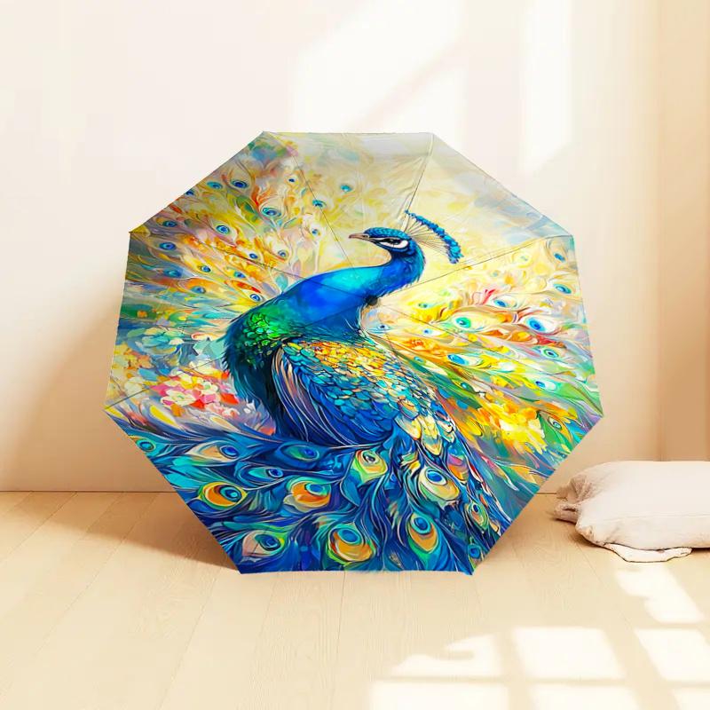Colorful Peacock Feather Print Automatic Opening/Closing Umbrella with Foldable Design, Outdoor for Fans, Travelers, Daily Use, Gift Idea112