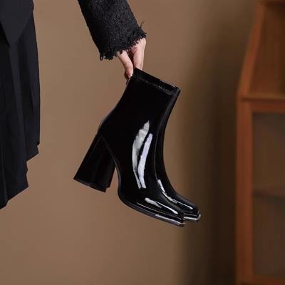 Модные роскошные женские ботинки Модные ботинки из лакированной кожи с квадратным носком Ботильоны на молнии сбоку для женщин Замшевые кожаные ботинки на высоком каблуке Ботас