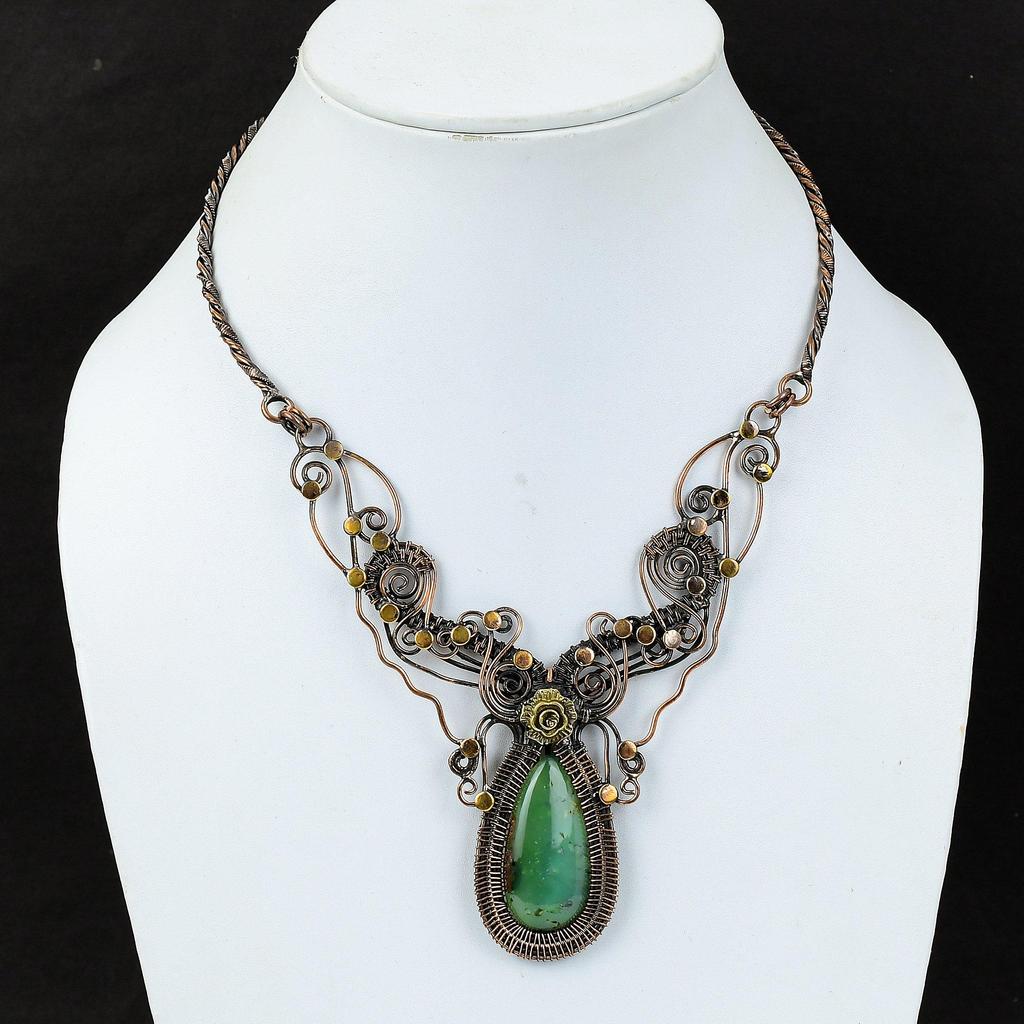 Ожерелье из хризопраза, ожерелье из медной проволоки, регулируемое ожерелье, ювелирные изделия из меди ручной работы, ожерелье из драгоценных камней для подарка, ювелирные изделия из проволоки