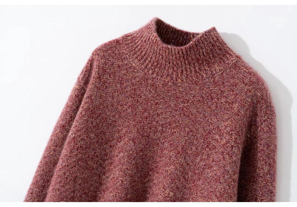 Autumn/Winter Thickened Half-High Collar Fancy Yarn Cashmere Pullover - Short Style Korean Loose Knit Sweater for Women