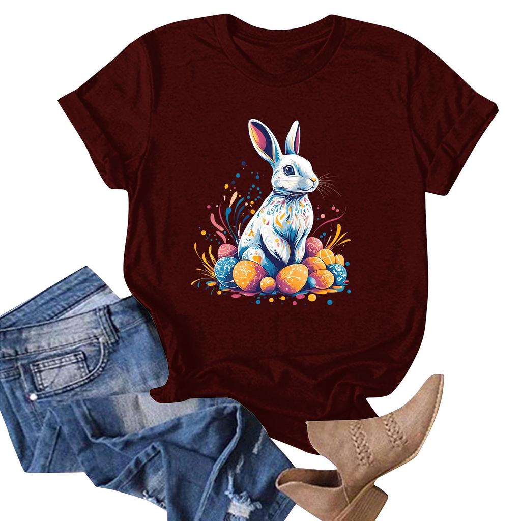 Women's Easter Bunny Print Neck Short Sleeve T-Shirt Top