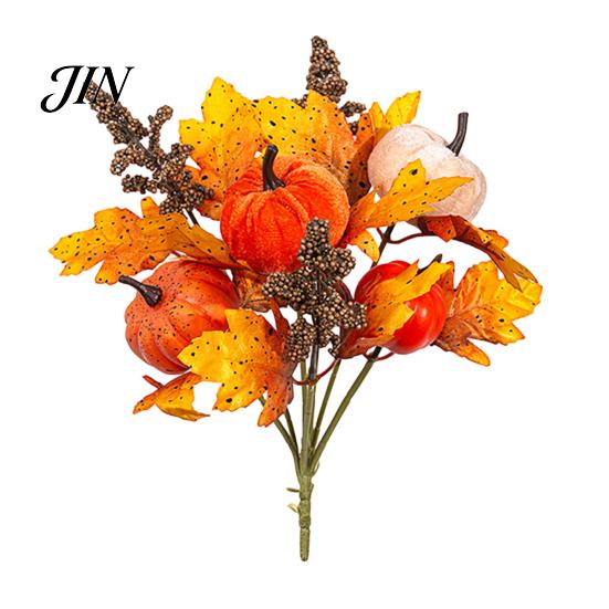Artificial Fall Bouquet with Fabric Pumpkins Maple Leaves Wheat Berries, Thanksgiving Floral Arrangement Autumn Home Decor for Centerpieces, Seasonal