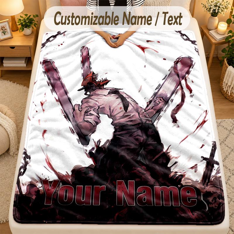 Flannel BlanketChainsaw Man Custom Name Text Personalized Soft Warm Throw Blanket Home Decor Gift