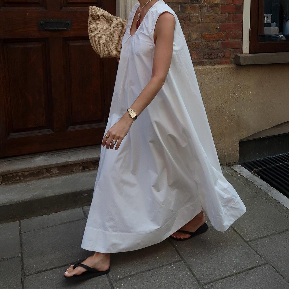 Летнее повседневное платье без рукавов, новое, европейского и американского стиля, из чистого хлопка, для отпуска, с U-образным вырезом, свободное, длинное
