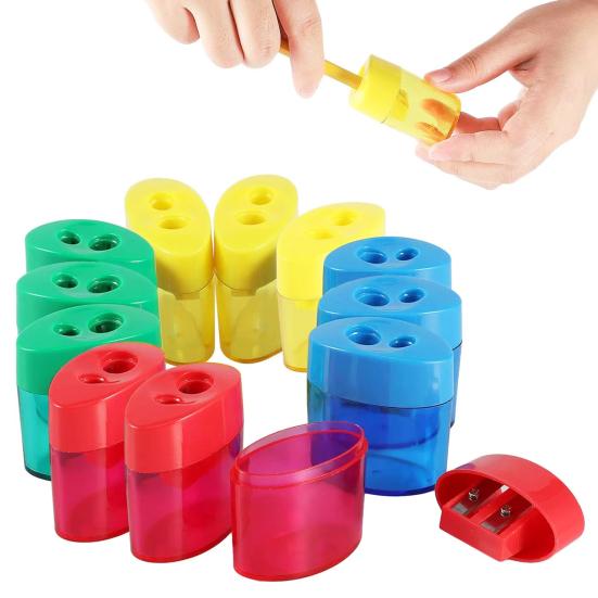 Double Hole Pencil Sharpener with Lid Plastic Manual Pencil Sharpener Portable Colored Pencil Sharpener for Kids Adults Students School Office