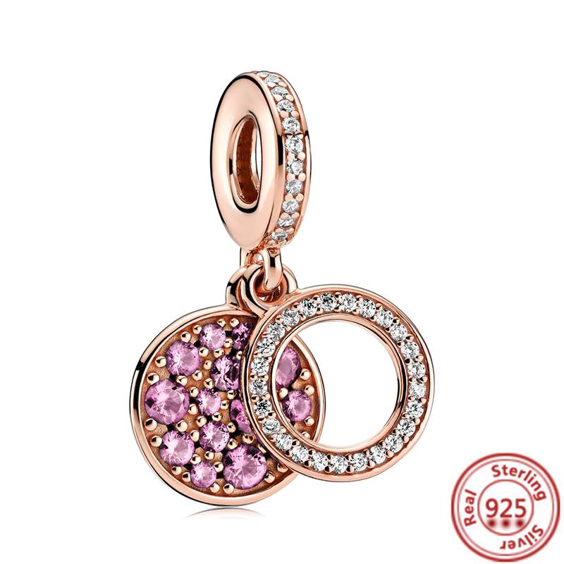Hot Sale Rose Gold Series Pink Zircon Leaves Heart Pendant Sparkling Clip Bead Fit Charm Bracelet DIY S925 Silver Jewelry
