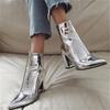 Spring Fashion Silver Patent Leather Women Ankle Boots Pointed Toe Square High Heels Shoes Chelsea Botas De Mujer