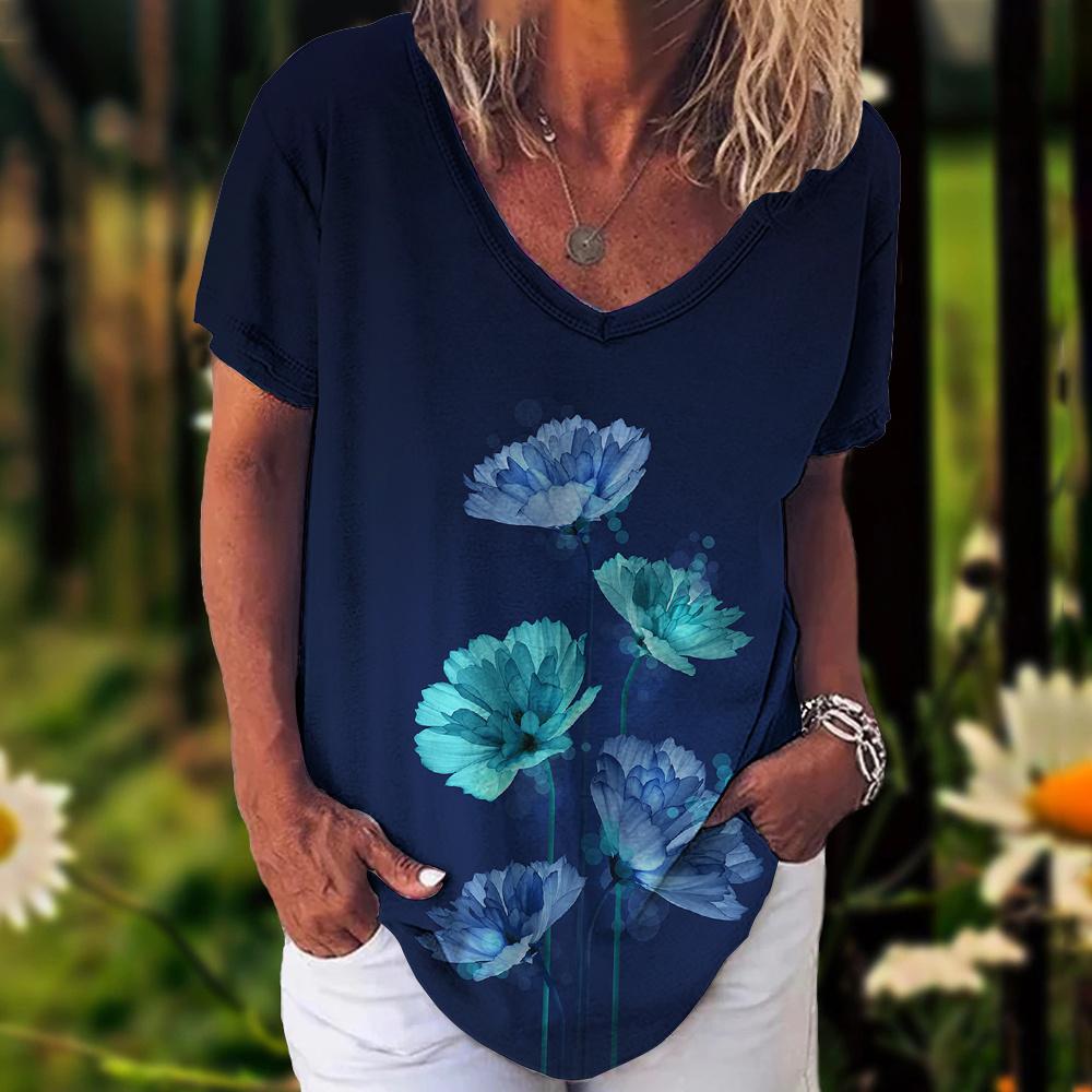 Новинка 2023 года, женская футболка, летние винтажные топы с цветочным принтом, повседневная блузка с v-образным вырезом, модный женский пуловер большого размера, женская одежда