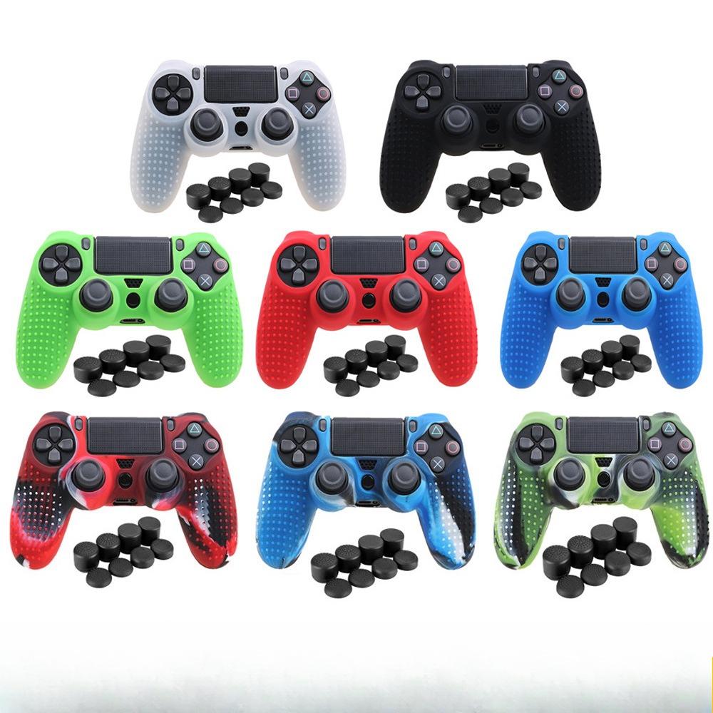 Camouflage Red Silicone Case + 8 Thumb Grips Set for PS4 Controller - Anti-Slip Protector