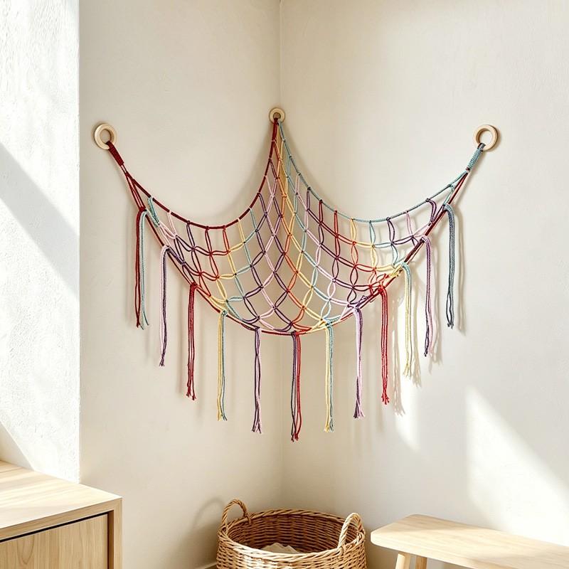 Handwoven Cotton Mesh Toy Organizer Hanging Net Kids Room Decor Storage Bohemian Style