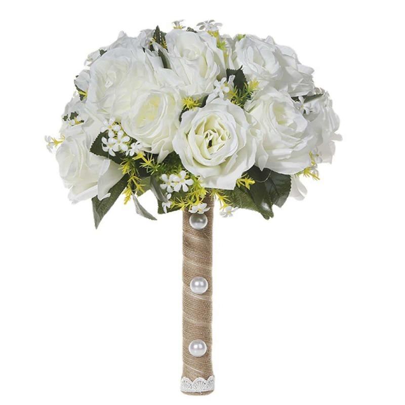 Свадебный букет 32 см с лентами из жемчужных кристаллов, искусственный цветок розы для невесты, подружки невесты, букет из искусственных цветов для свадебной вечеринки