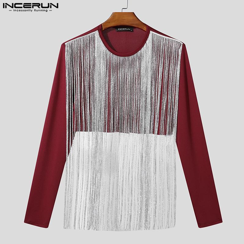 INCERUN Мужские футболки с круглым вырезом, кисточками спереди, в стиле пэчворк, с длинным рукавом, повседневные, укороченные