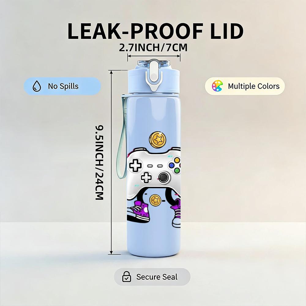 1PC Color Game Controller Heart Decor Graphic,750ml Color Plastic Sports Water Bottle,Leakproof Flip Straw Lid,Suitable for Sports Office Home Use