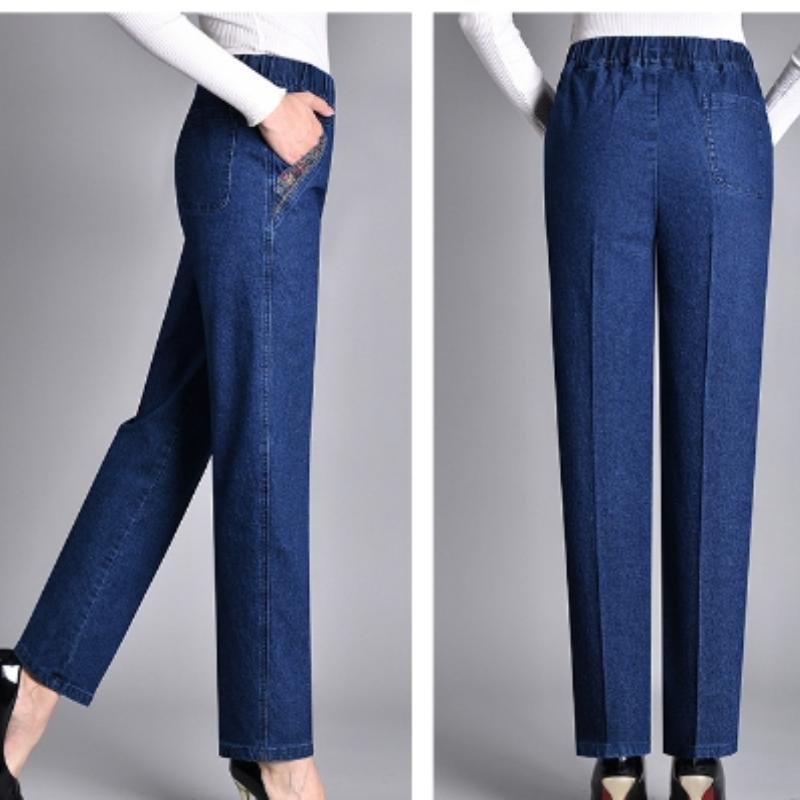 Spring and Autumn Jeans Women's Loose Elastic Waist Stretch Mother Casual High Waist Middle-aged and Elderly Plus Velvet Dark Women's Pants