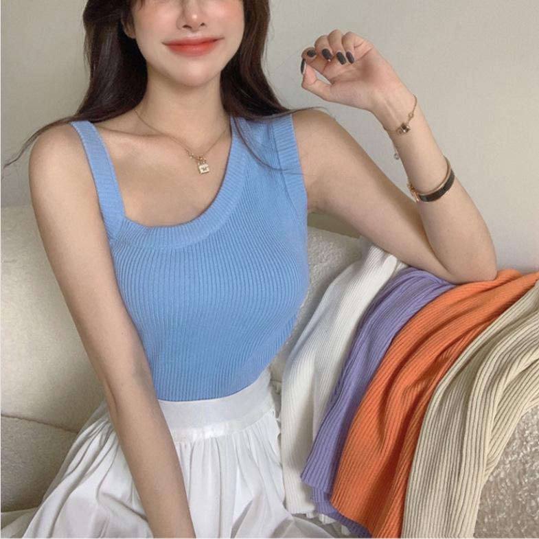 Design-in-the-sleeved Suspender Vest for Women's Summer New Style Knitted Inner Layer with Off-shoulder Sleeveless Top