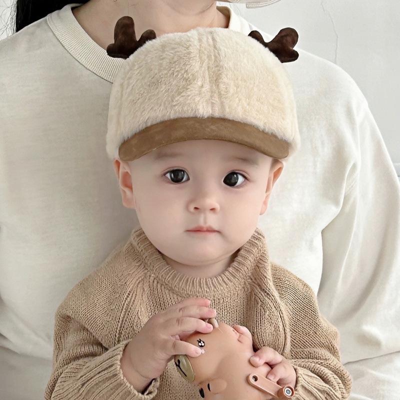 Милая детская зимняя шапка с леопардовым принтом и рожками - Унисекс, корейский стиль, плюшевая бейсболка