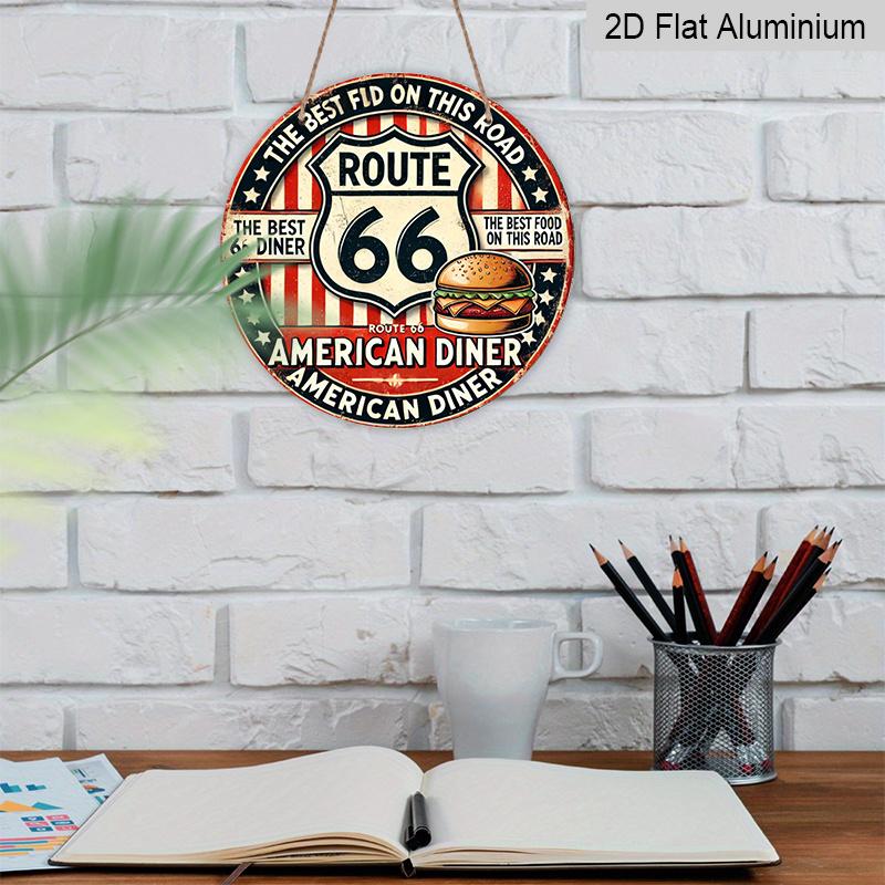 2D плоский 1 шт., 8x8 дюймов, Винтажная металлическая табличка Route 66 - Прочный алюминий, Американский ретро-декор для закусочной с классическим дизайном гамбургера, Идеально для дома