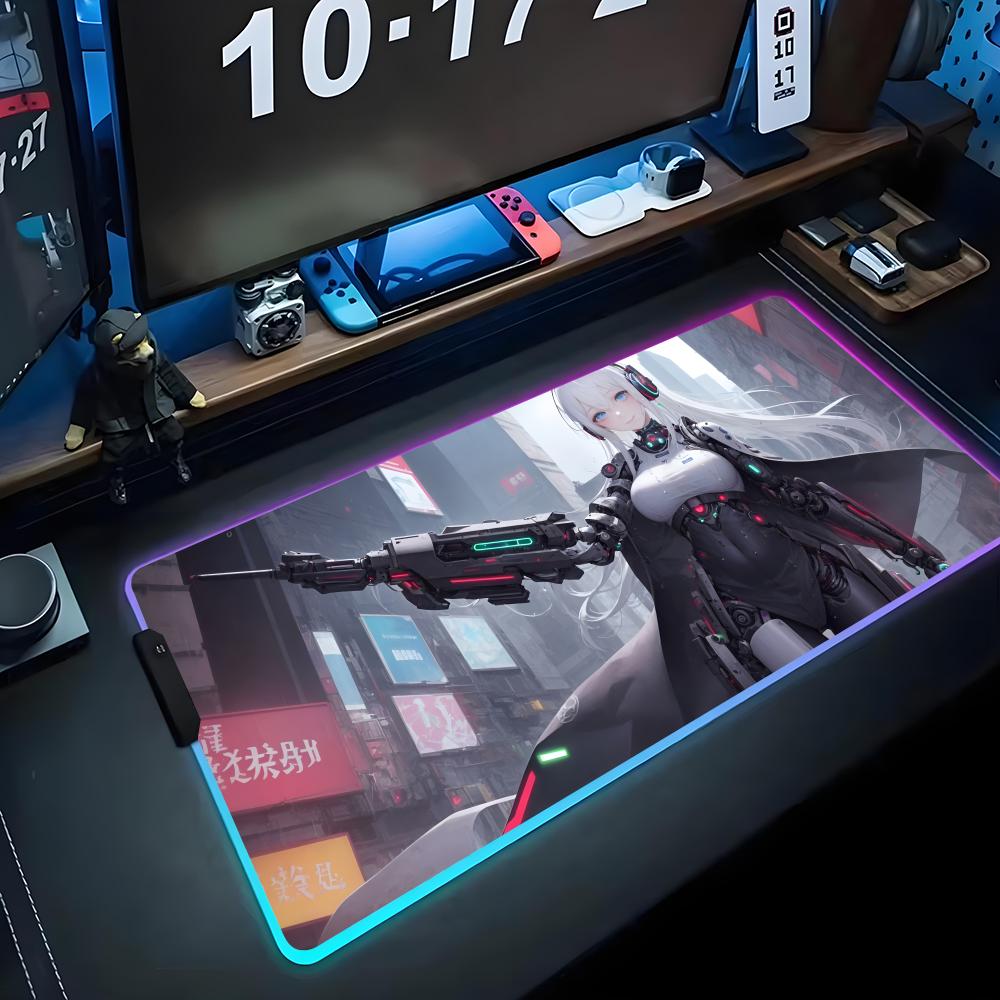 Аниме Девушка Меха Коврик для Мыши RGB Игровой Коврик для Мыши Большой LED Коврик Настольный Коврик для ПК Светящийся Коврик для Мыши Большие Коврики для Клавиатуры Настольный Ковер С