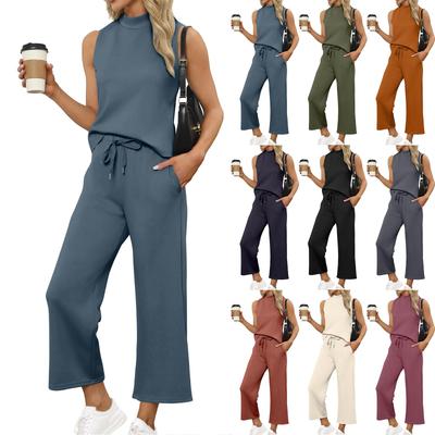 Женский повседневный модный комплект без рукавов с широкими свободными брюками и высоким воротом