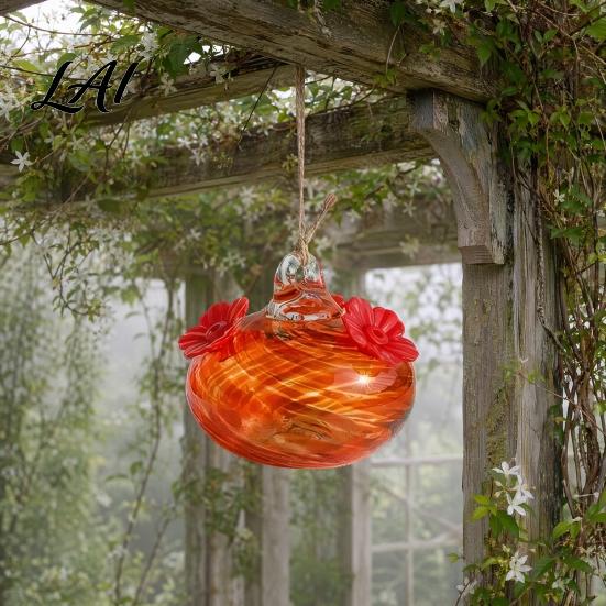 Rubber Flower Bird Feeder Blown Glass Hummingbird Feeder Outdoor Hanging Colorful Nectar Decorative with Two Feeding Ports for Garden Backyard Decor